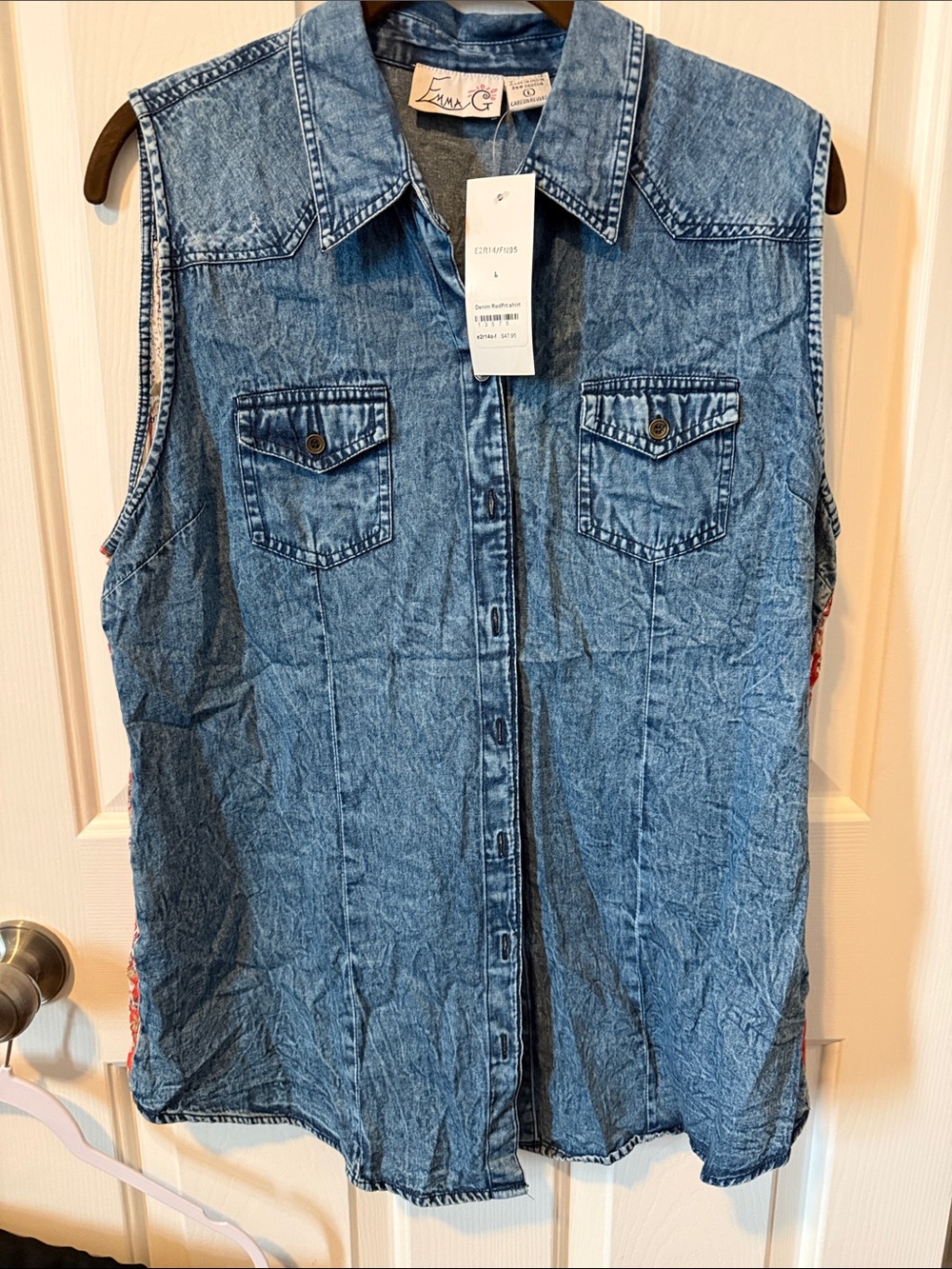 Emma G Sleeveless Denim Button-Up Shirt - Light Blue Lg NWT